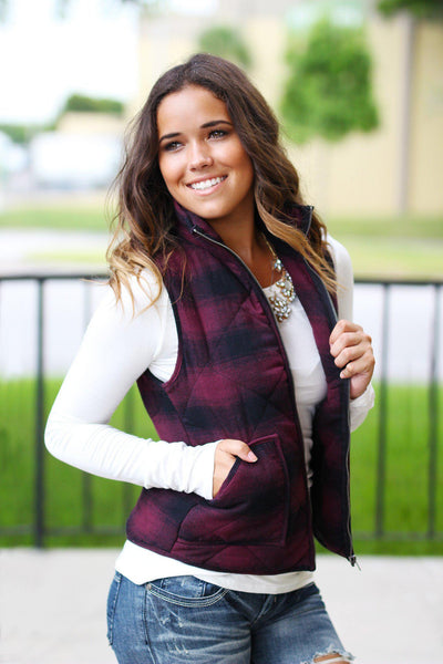 Plum and Black Flannel Vest With Pockets