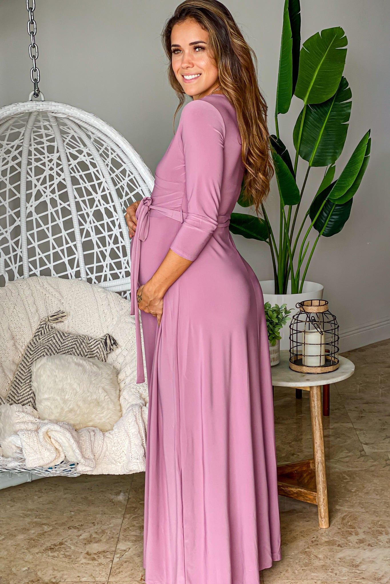 Mauve Maternity Maxi Dress with 3/4 Sleeves