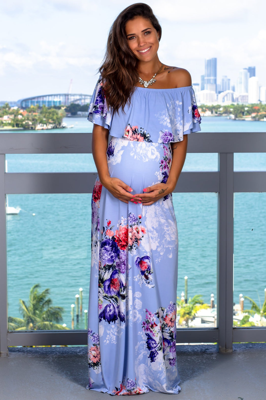 Light Blue Floral Off Shoulder Maxi Dress