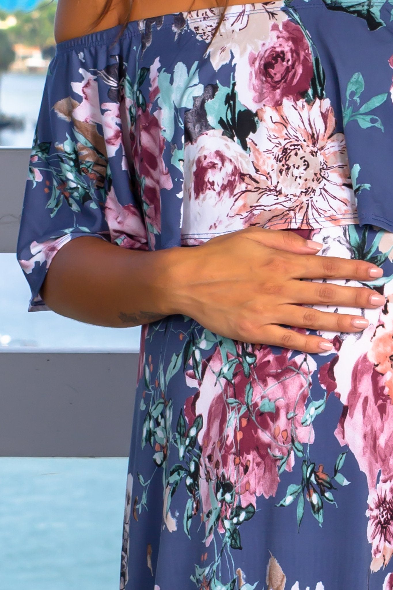 Steel Blue Floral Maxi Dress