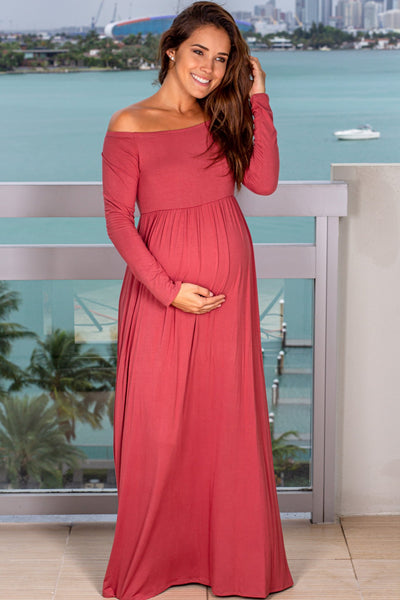 Maroon Off Shoulder Maternity Maxi Dress