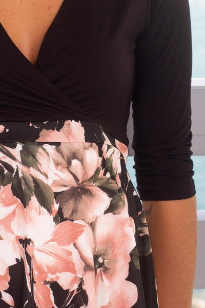 Black Floral Short Dress With 3/4 Sleeves