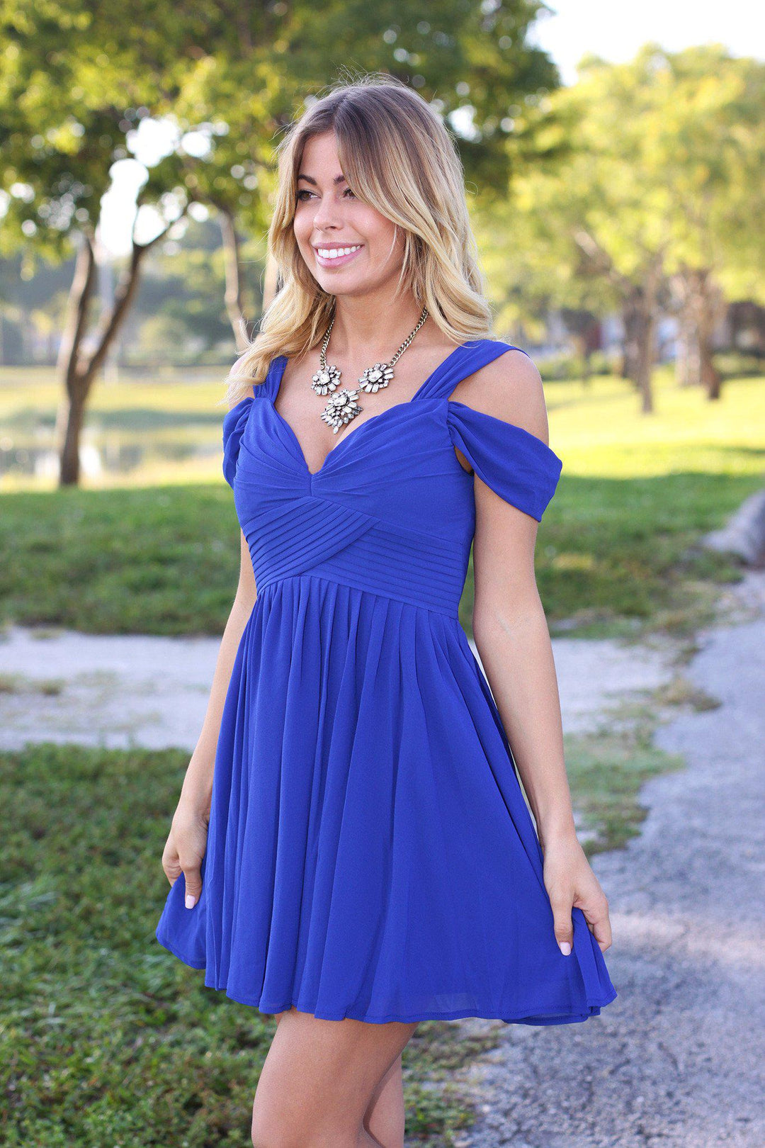 strapless open back dress Off-The-Shoulder Short Royal Blue Satin Sleeveless Homecoming Dress US6 / Navy Blue main image 0