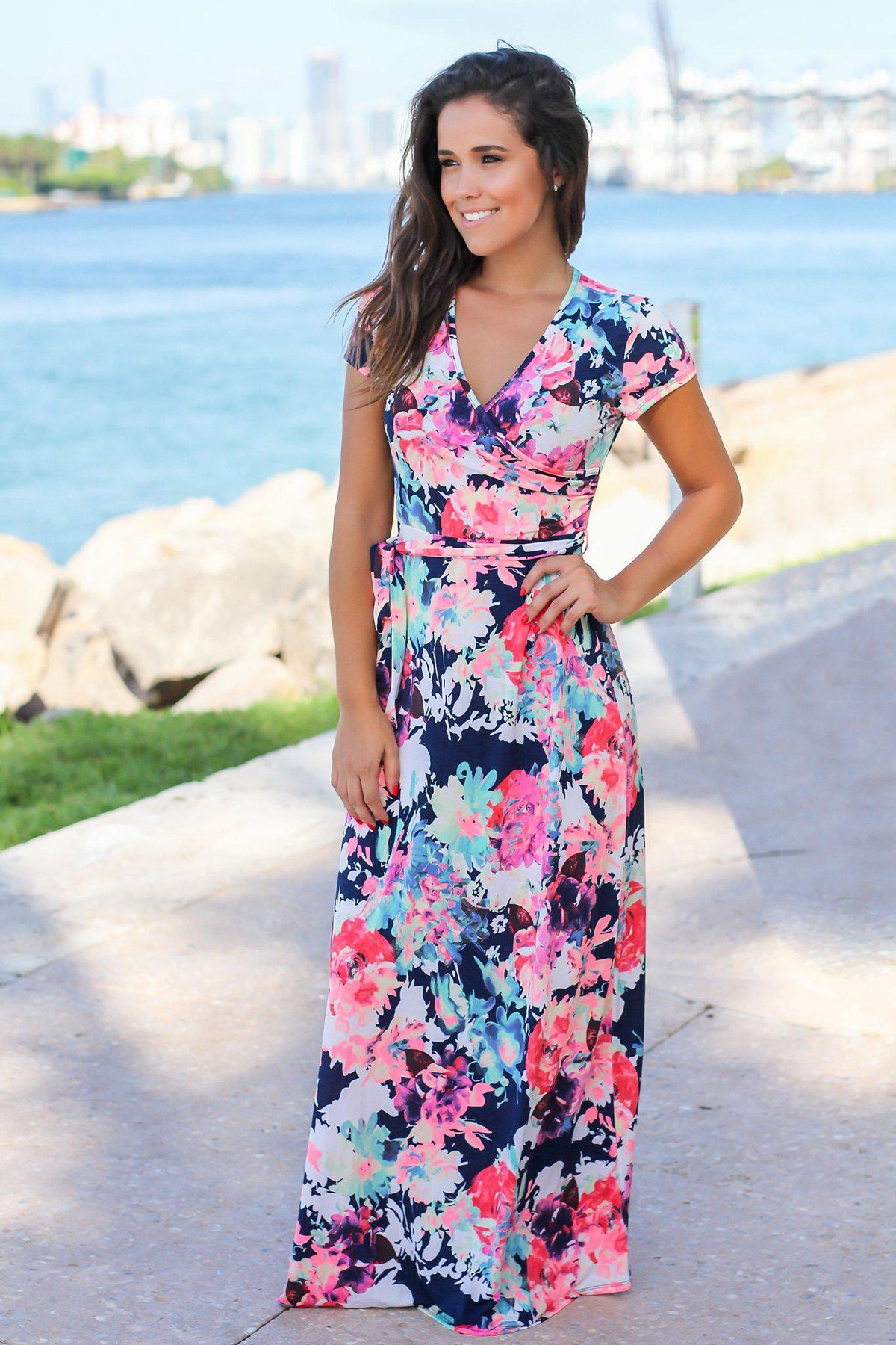 Neon Floral Wrap Maxi Dress with Short Sleeves | Maxi Dresses – Saved ...