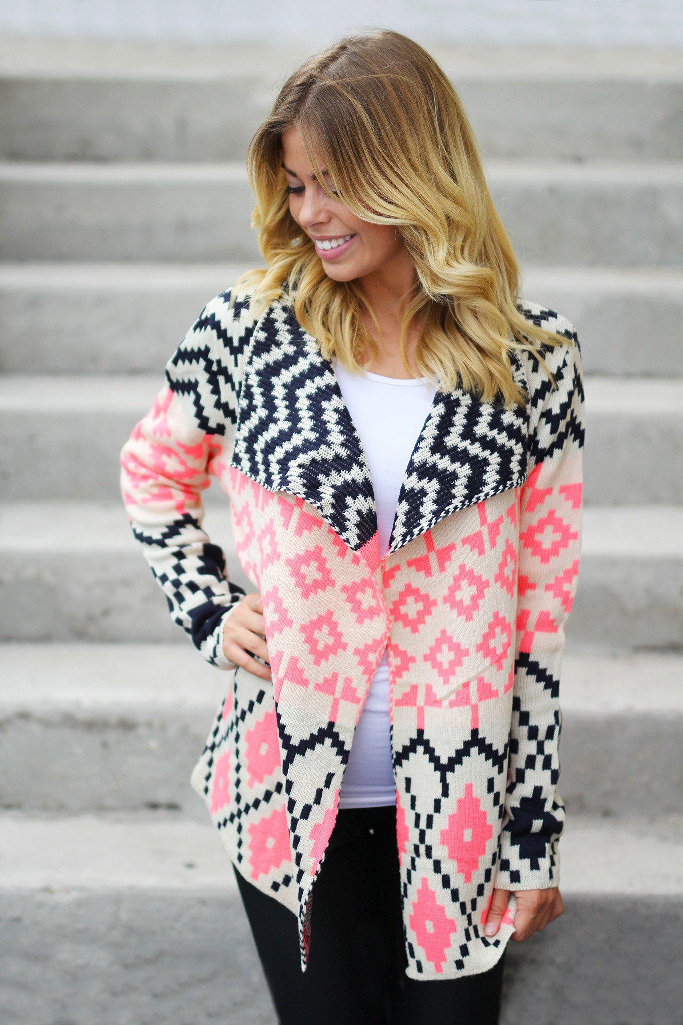 Neon Pink and Navy Printed Cardigan