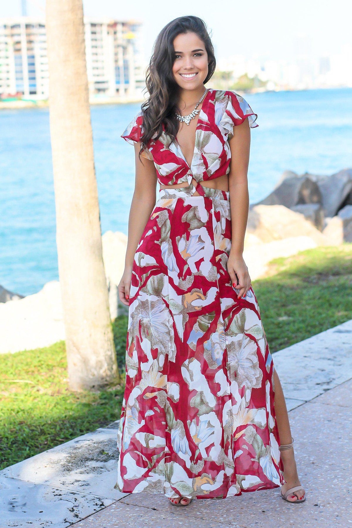 Red Printed Cut Out Maxi Dress | Maxi Dresses – Saved by the Dress