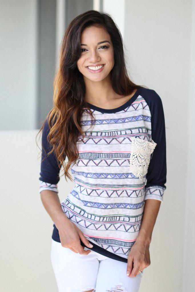 Navy Printed Top With Crochet Pocket