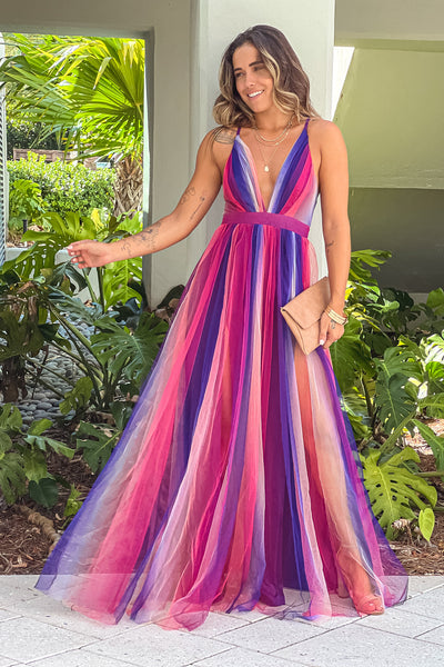Purple Multi Color Striped V Neck Maxi Dress