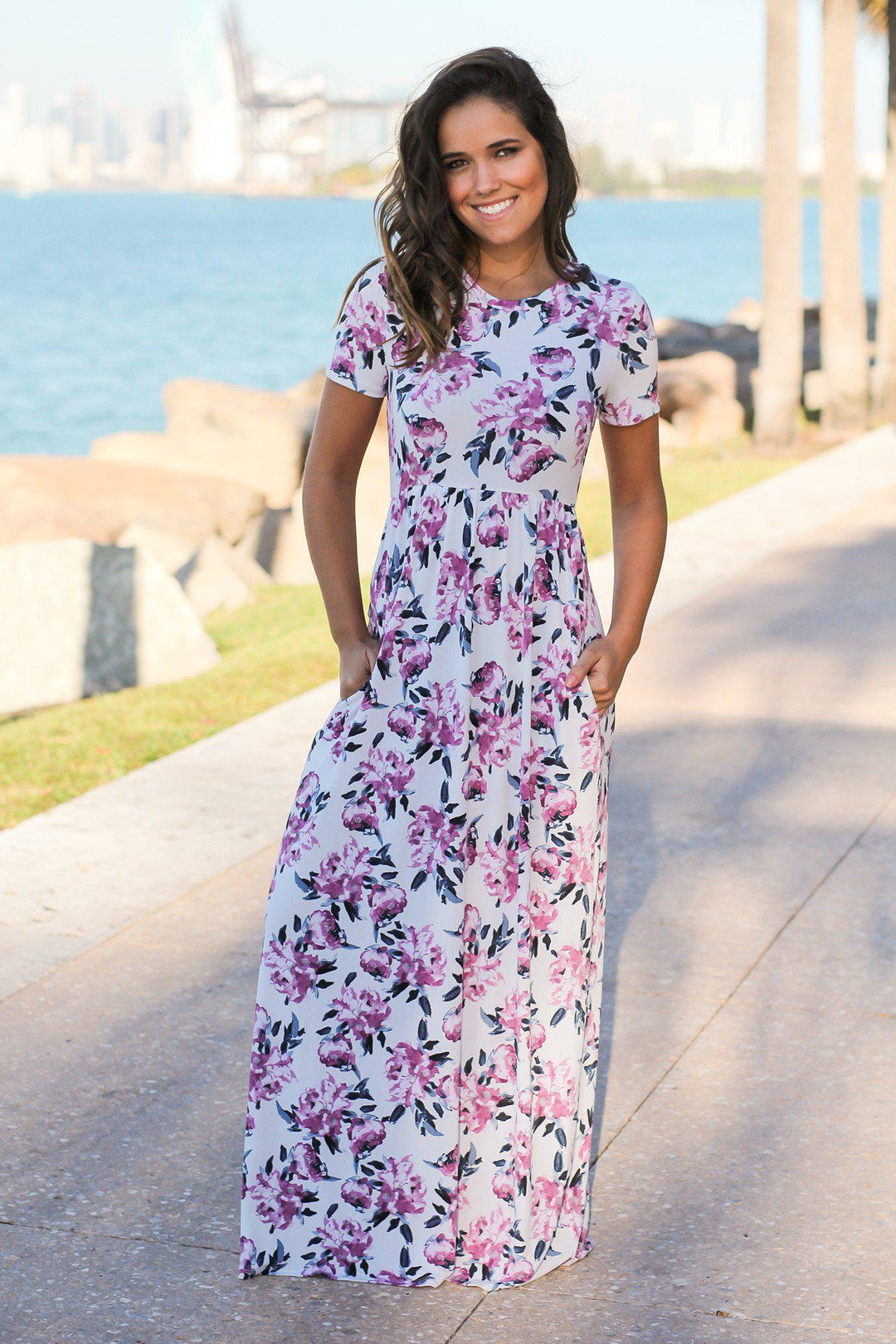 white christmas dresses Off White And Blue Floral Maxi Dress With Slit main image 1