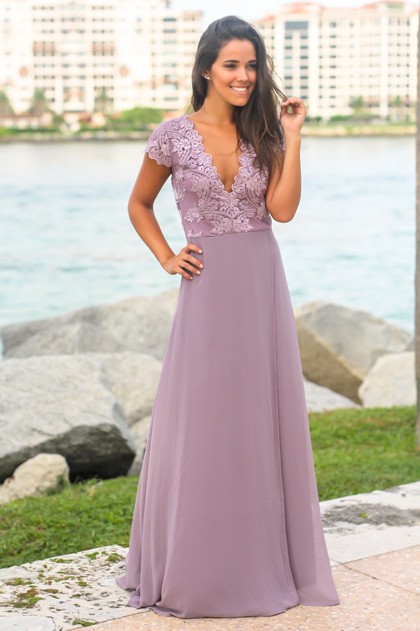 Purple Maxi Dress with Embroidered Top and Slit