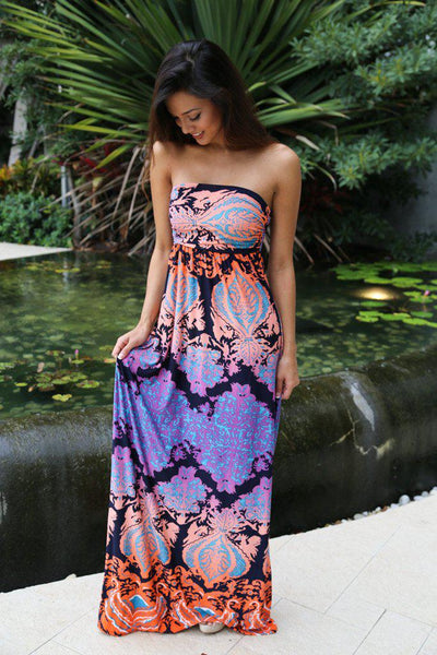 Multicolor Strapless Printed Maxi Dress