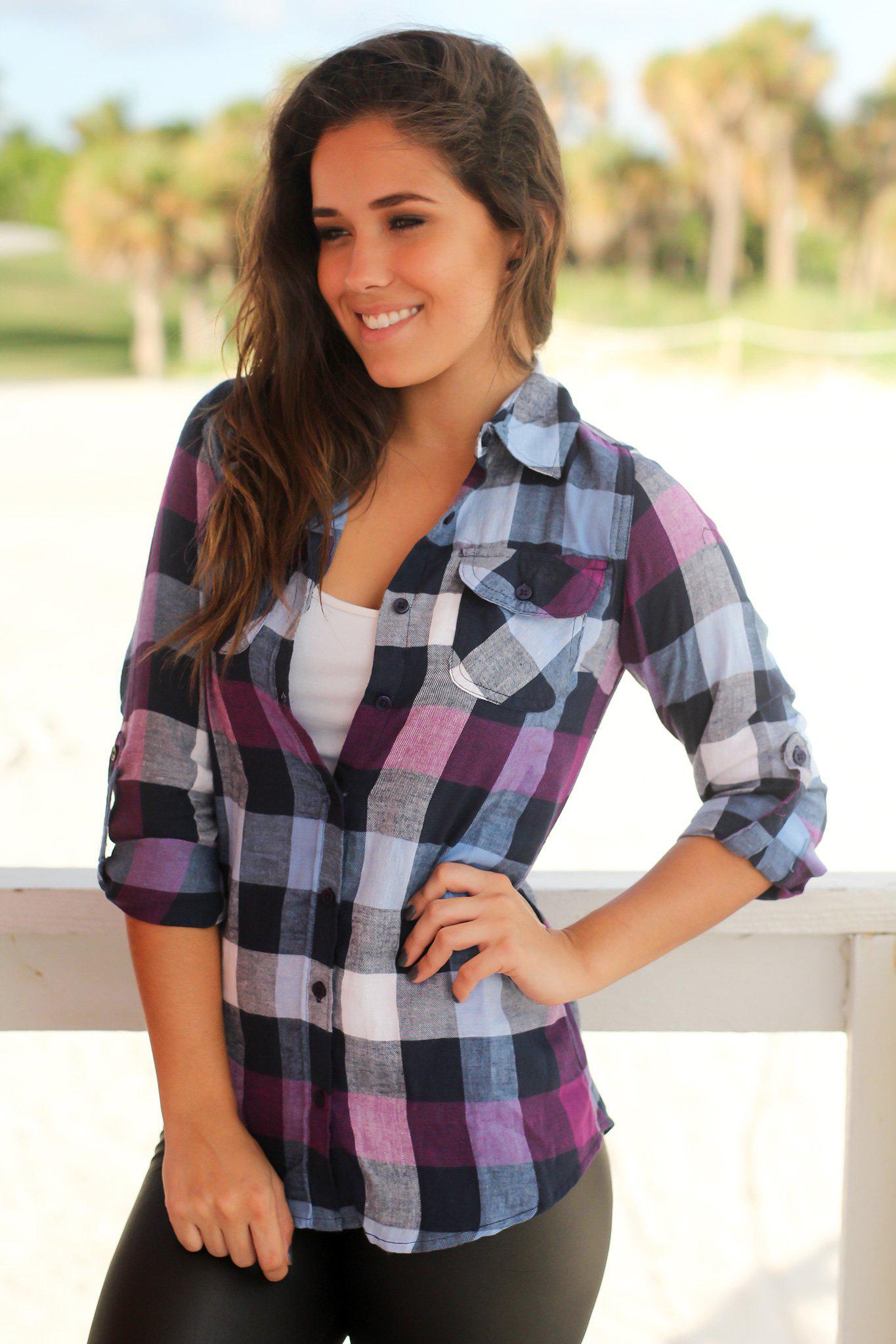 Purple and Navy Plaid Top