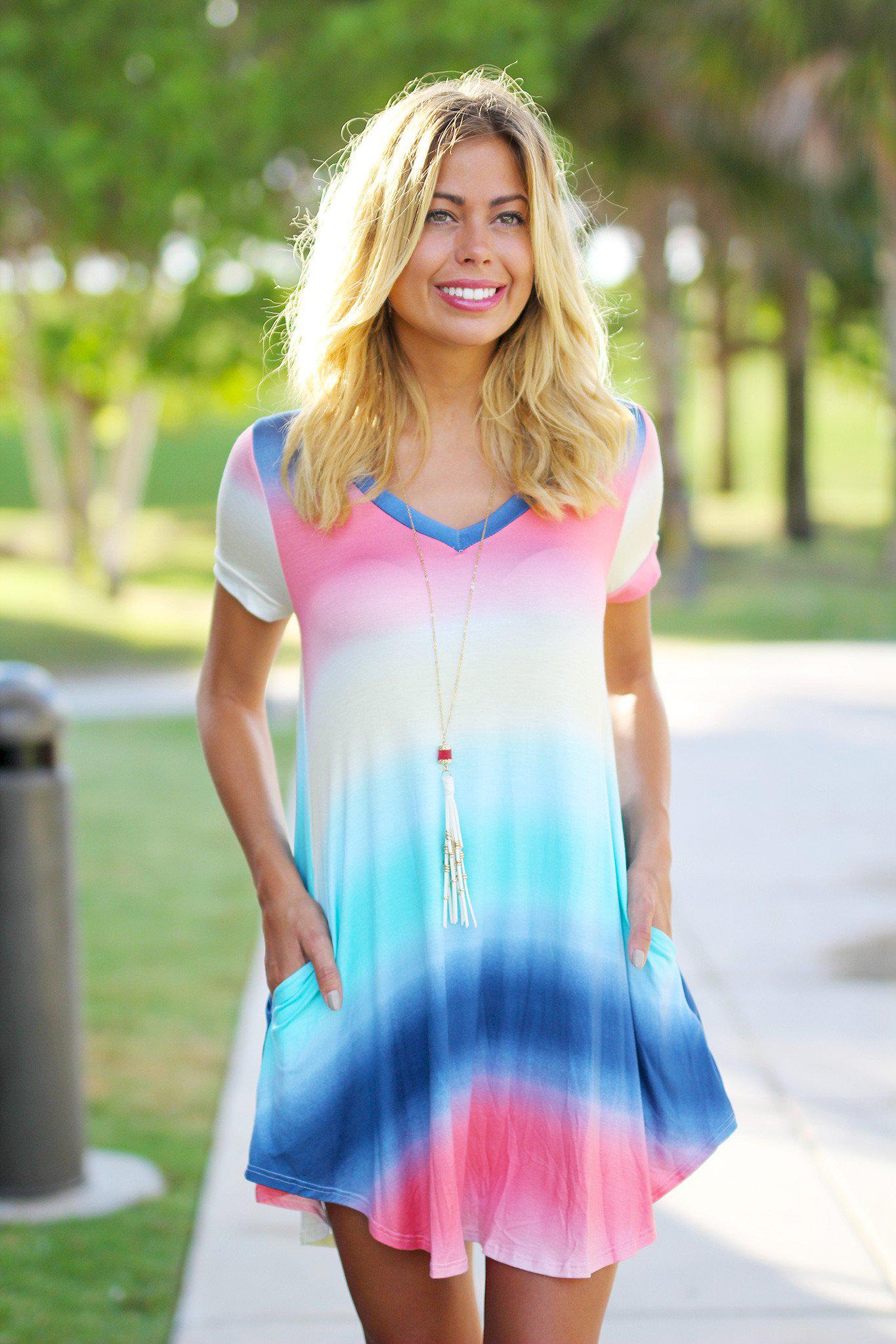 Rainbow V-neck Short Dress with Pockets