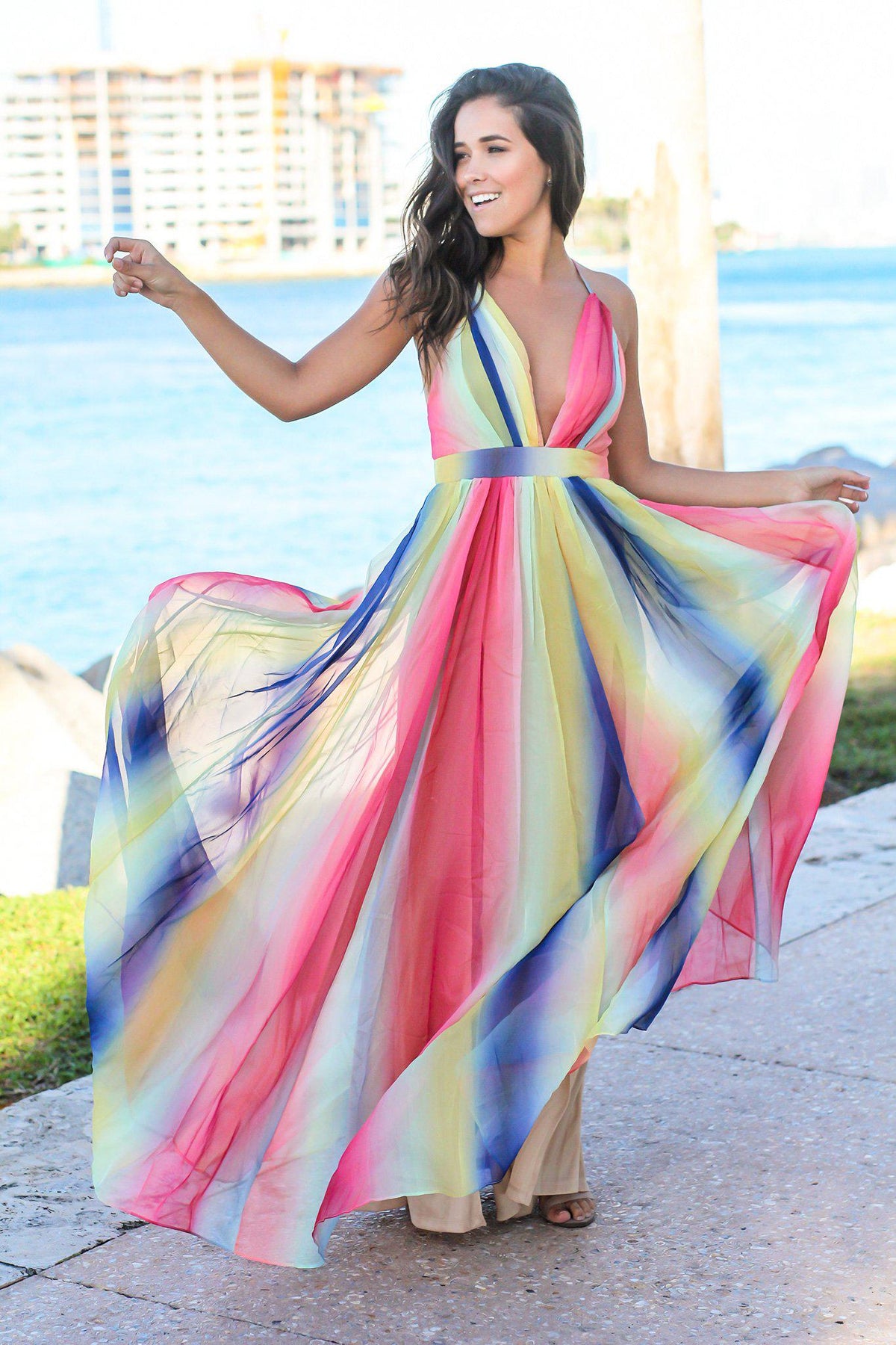 Rainbow Maxi Dress with Criss Cross Back | Maxi Dresses – Saved by the ...