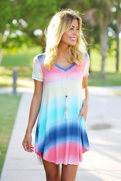 Rainbow V-neck Short Dress with Pockets