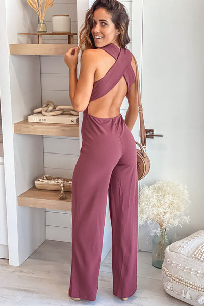 red brown v-neck jumpsuit with criss cross back