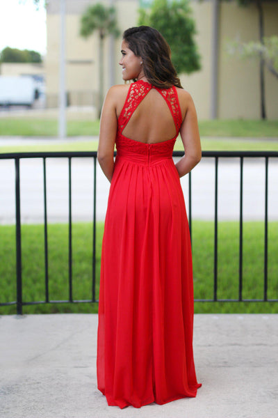 red open back maxi dress
