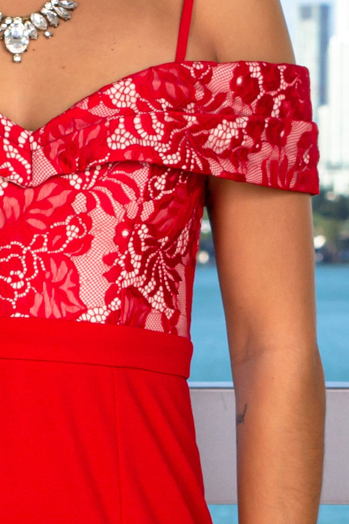 slim fit dress slacks Red Off Shoulder Maxi Dress with Lace Top