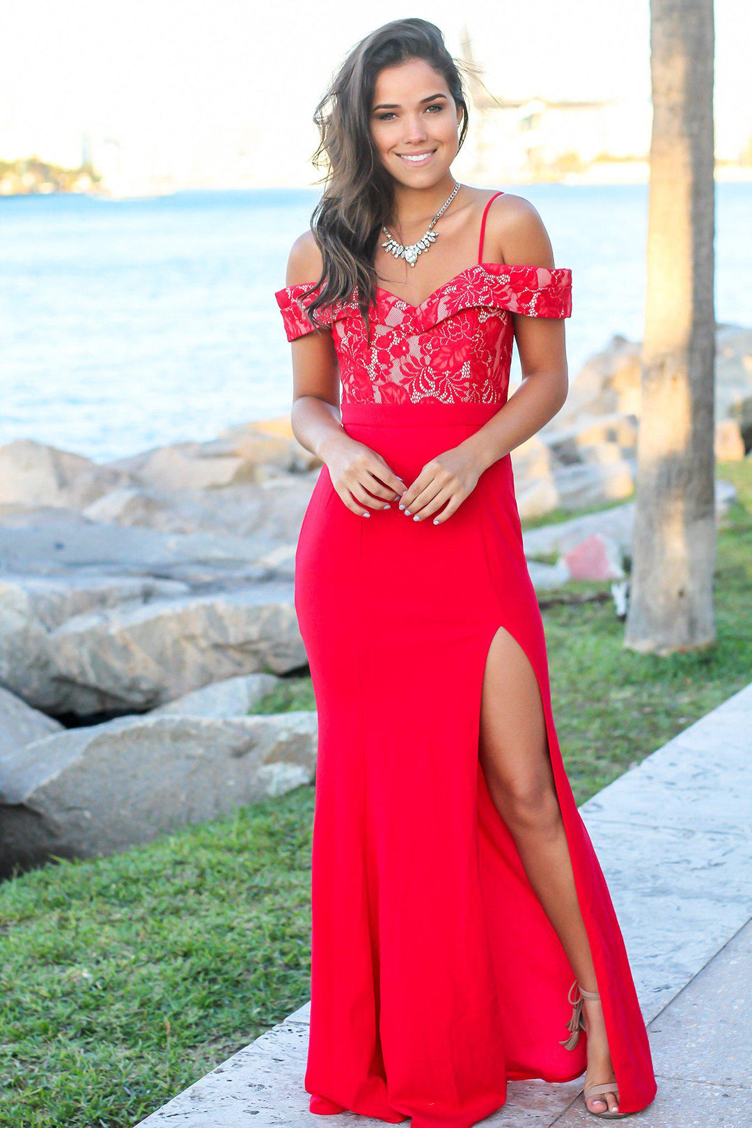 Dark Coral Off Shoulder Maxi Dress with Lace Top | Maxi Dresses