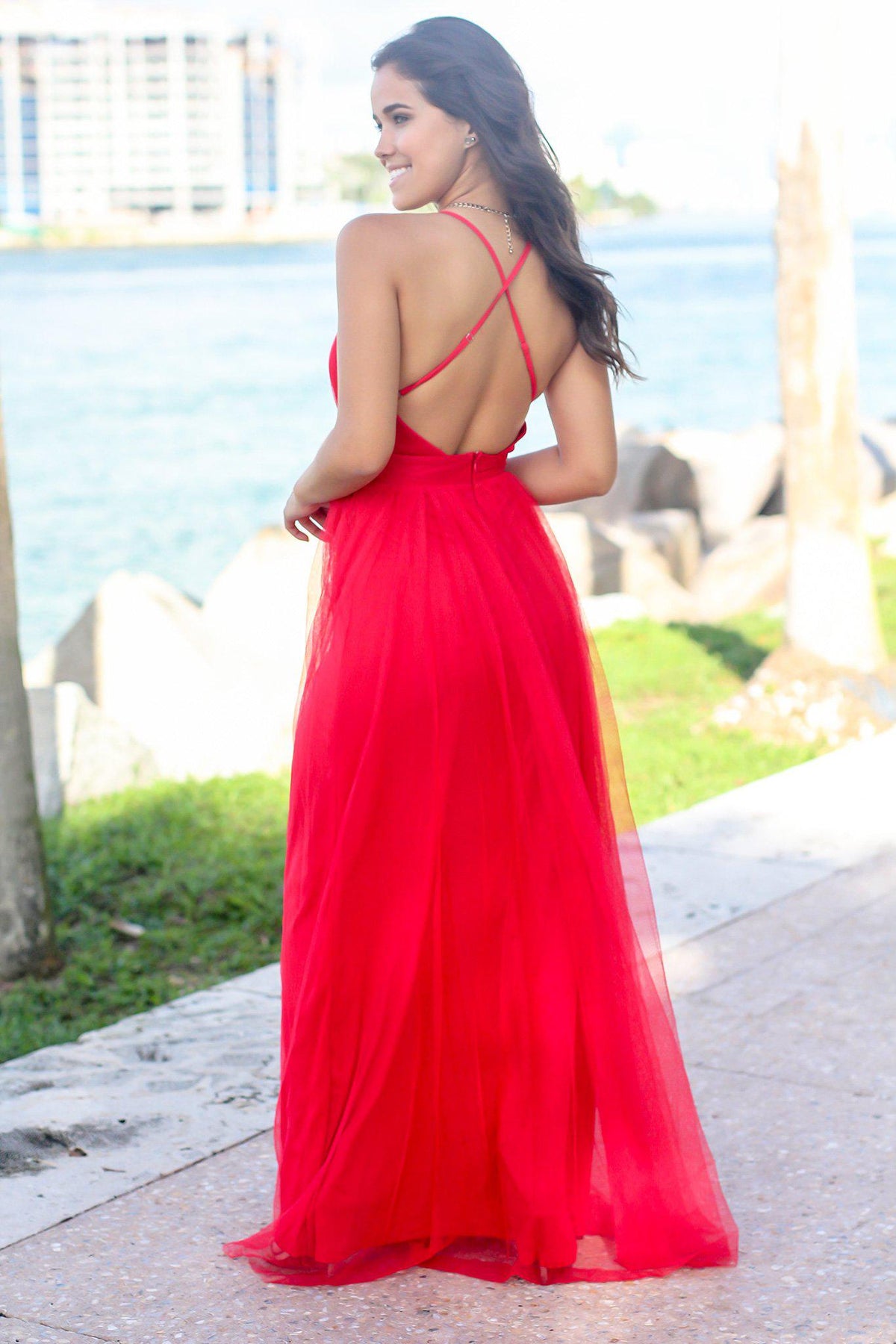 Red V-Neck Tulle Maxi Dress with Criss Cross Back | Maxi Dresses ...