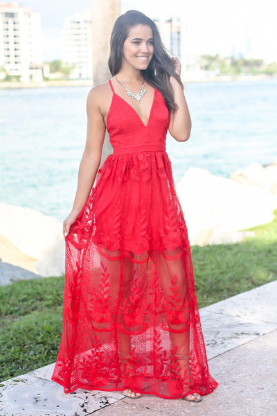 Red Embroidered Maxi Dress with Criss Cross Back