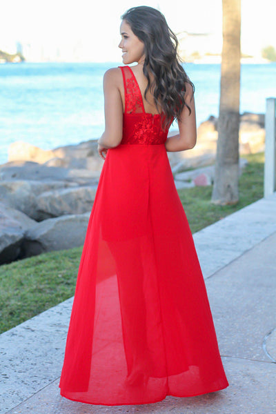 Red Embroidered Maxi Dress with Side Slit