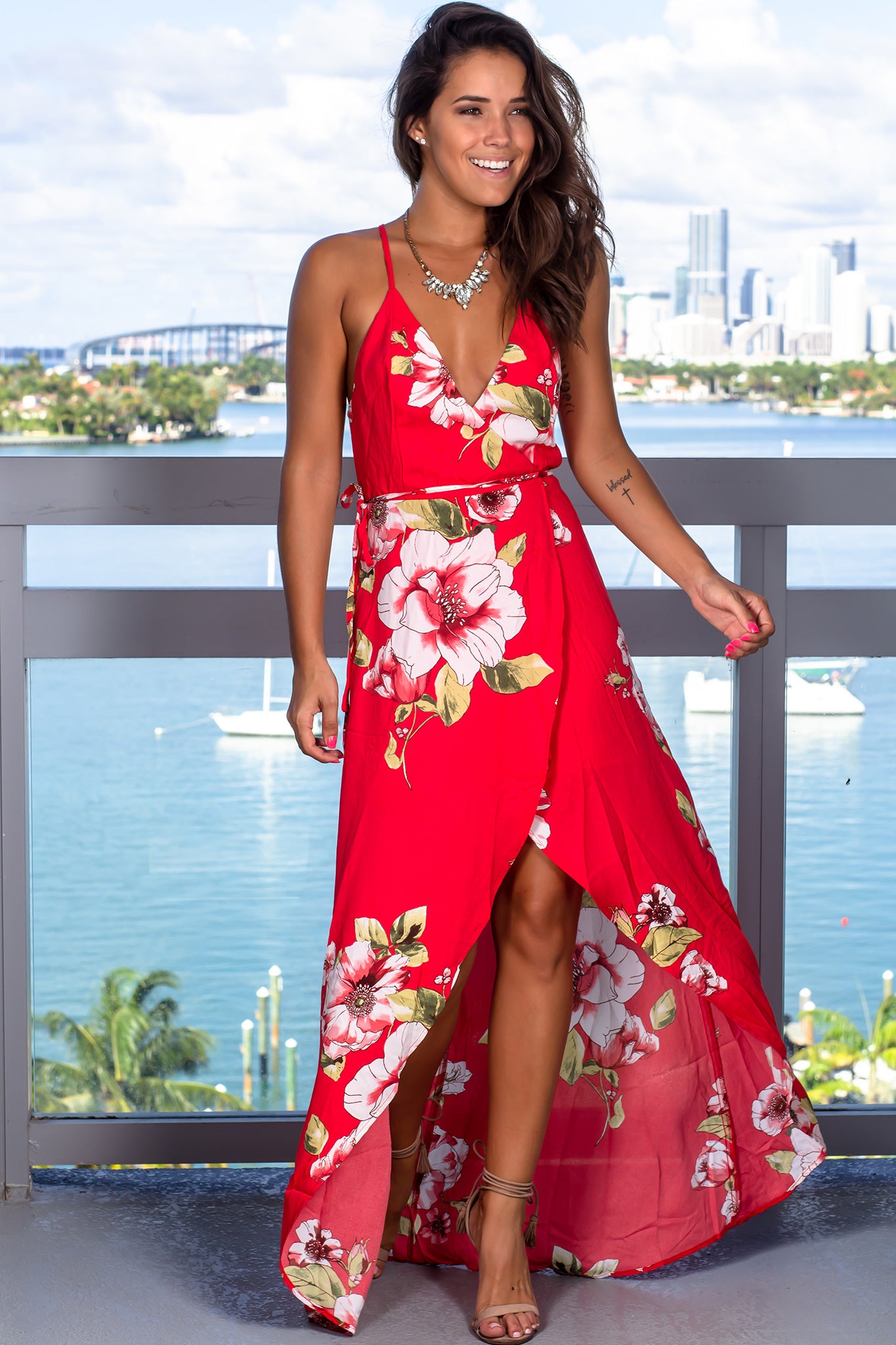 Red Floral High Low Wrap Dress