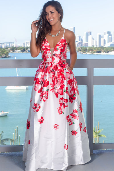 Red Floral Maxi Dress with Pockets