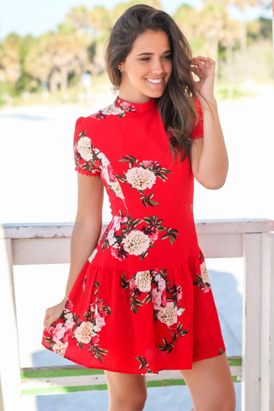 Red Floral Short Dress with Short Sleeves and Lace Up Back
