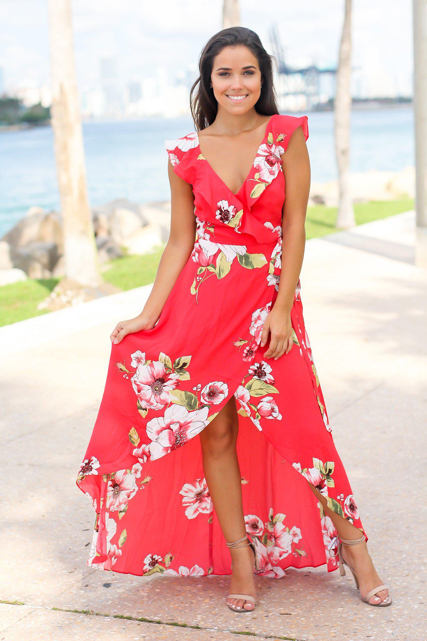 Red Floral Wrap Dress with Ruffles