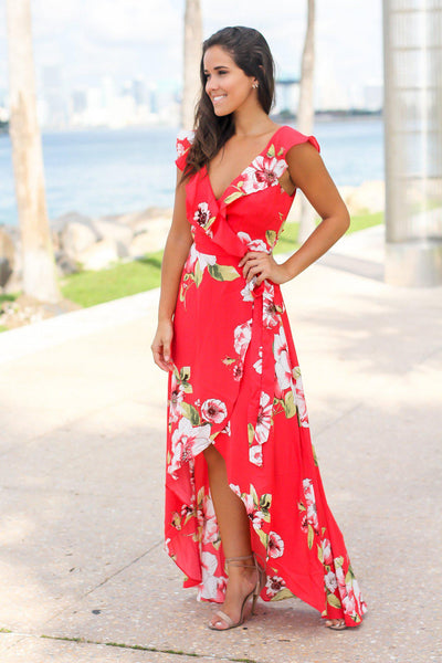 Red Floral Wrap Dress with Ruffles