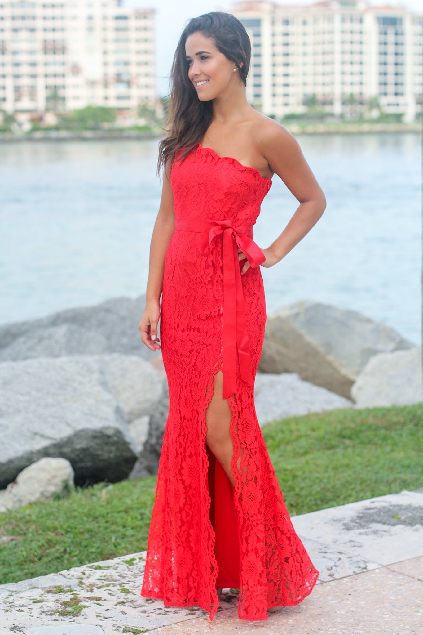 Red Lace Single Strap Maxi Dress