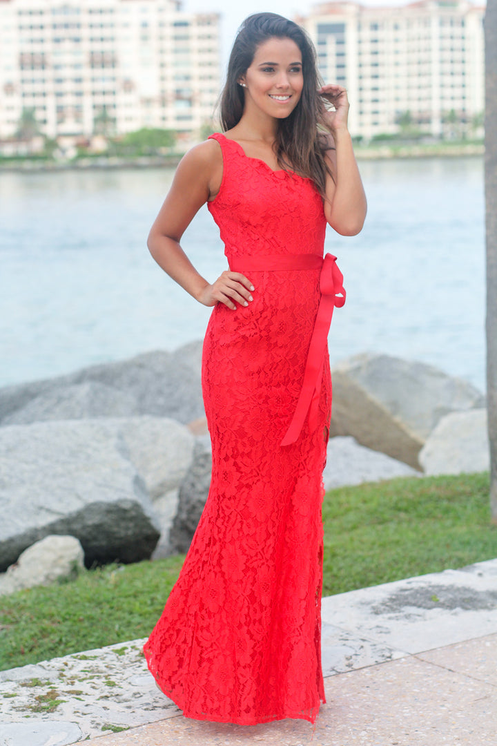 Red Lace Single Strap Maxi Dress