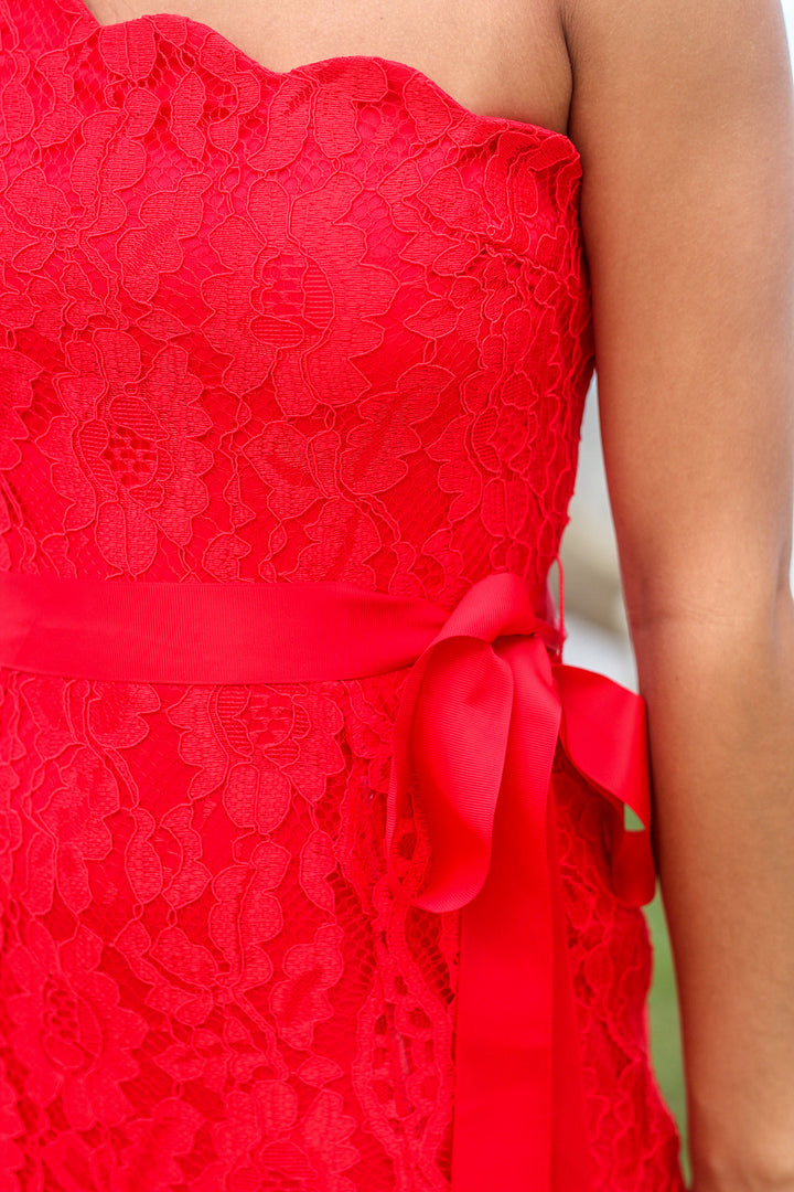 Red Lace Single Strap Maxi Dress