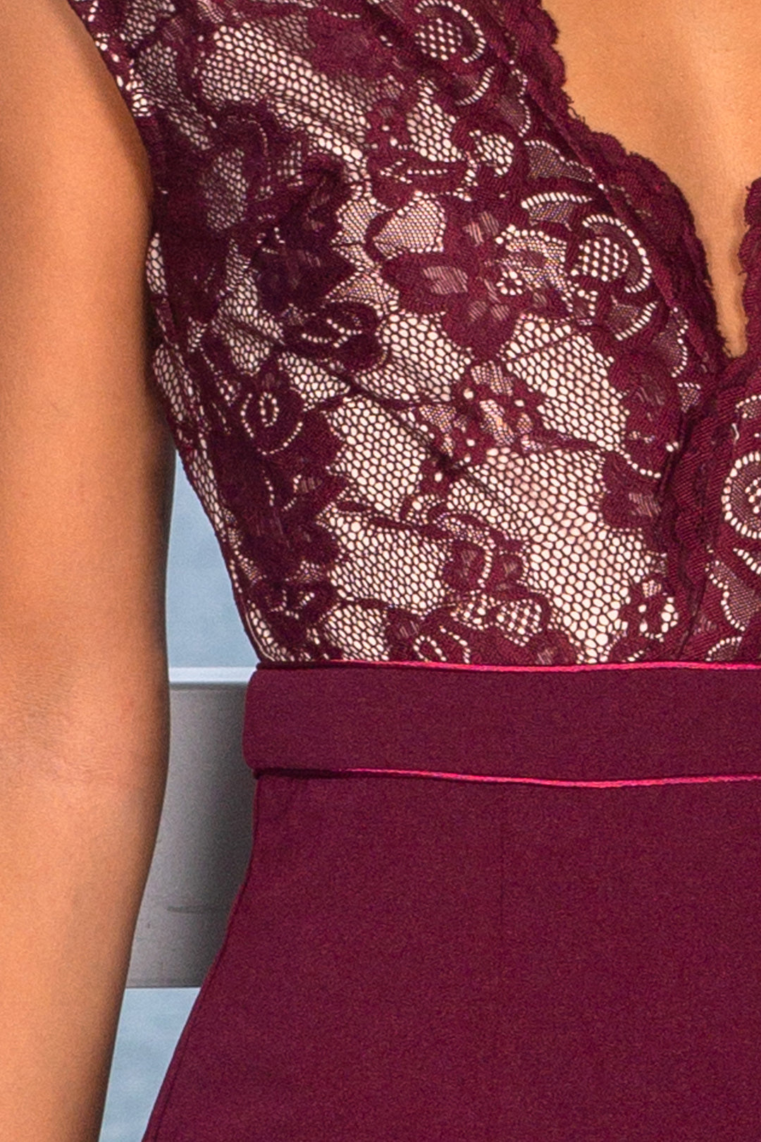 Burgundy Lace Top Maxi Dress with Side Slit