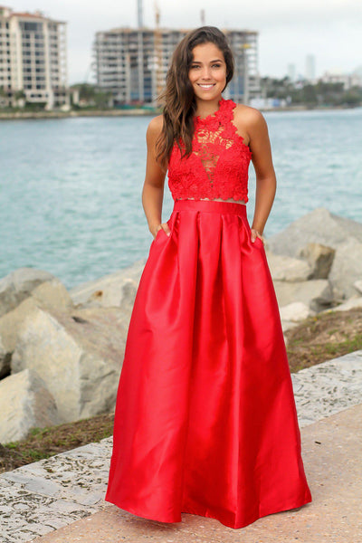 Red Maxi Dress with Crochet Top
