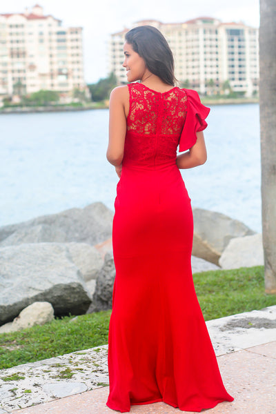 Red Maxi Dress with Crochet Top and Ruffle Sleeve
