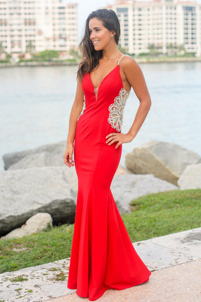 Red Maxi Dress with Jeweled Detail