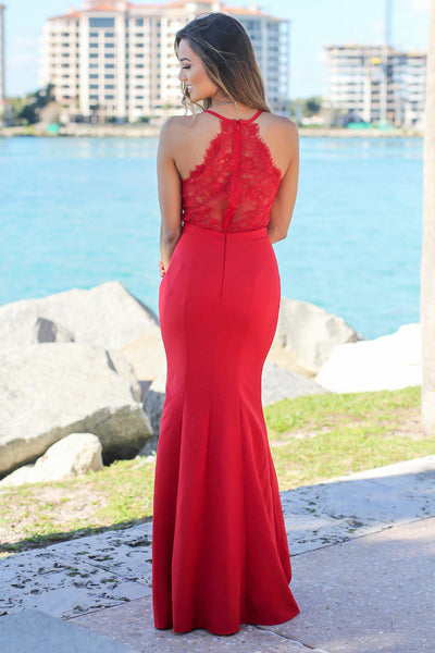 Red Maxi Dress with Lace Back