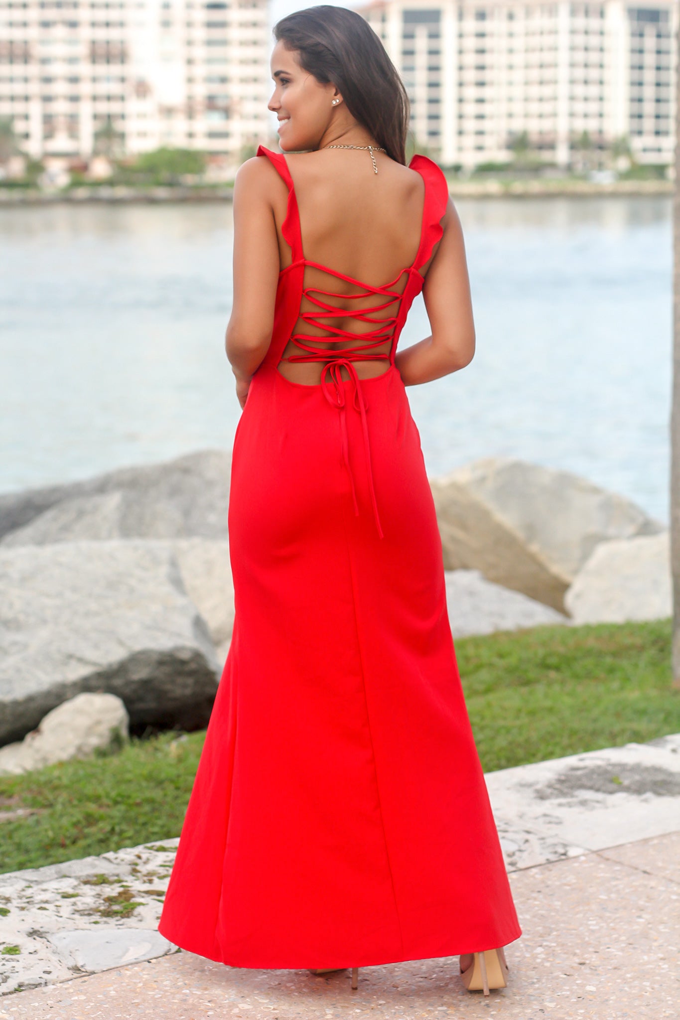 Red Maxi Dress with Lace Up Back