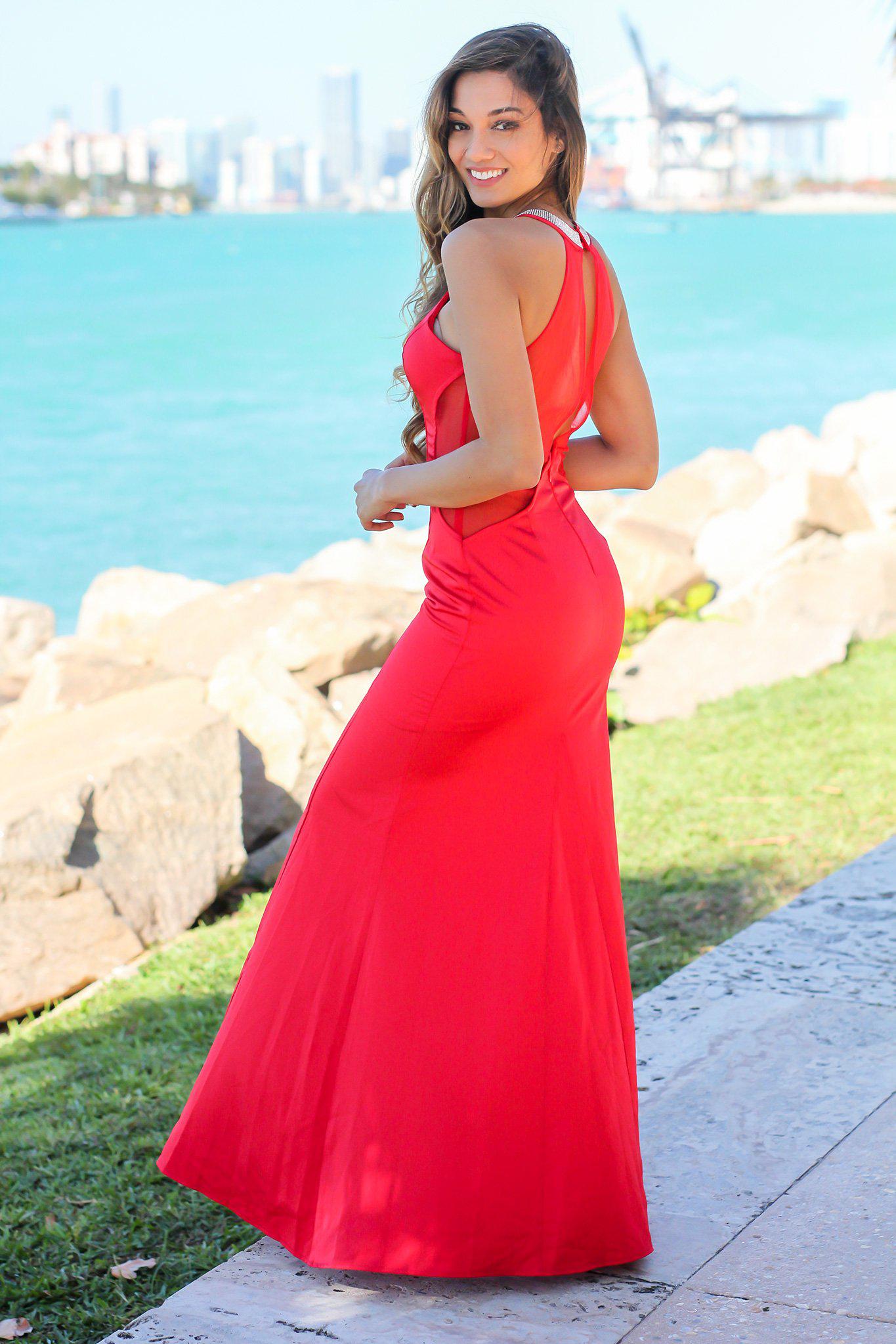 Red Maxi Dress with Tulle Back