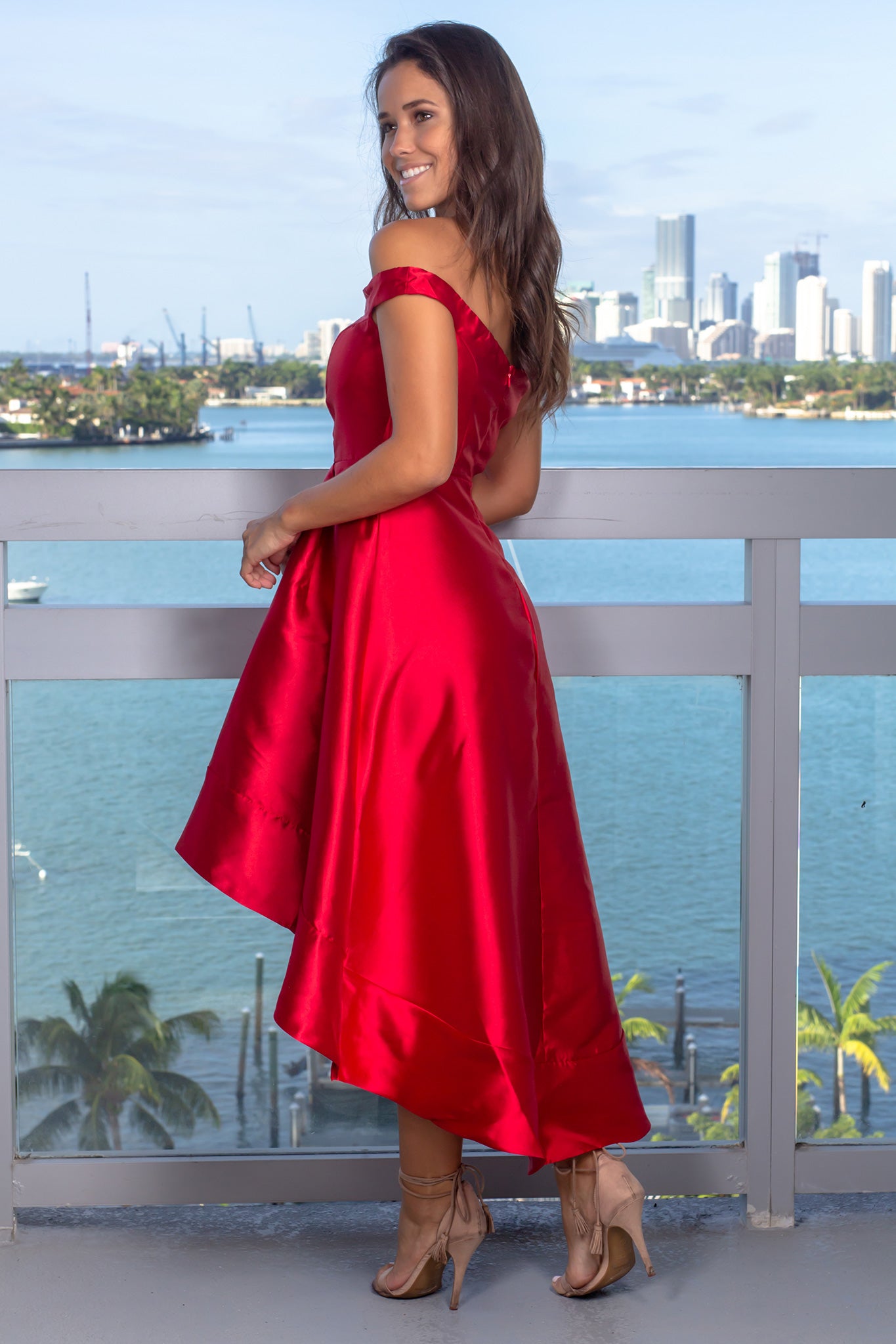 Red Off Shoulder High Low Dress