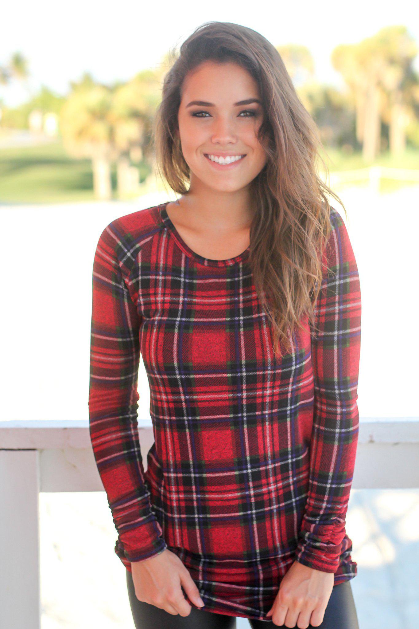 Red Plaid Ruched Long Sleeve Top