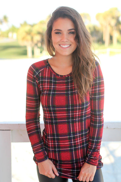 Red Plaid Ruched Long Sleeve Top