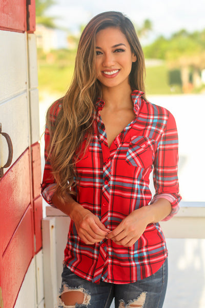 Red Plaid Top with Pockets