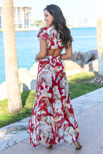 Red Printed Cut Out Maxi Dress