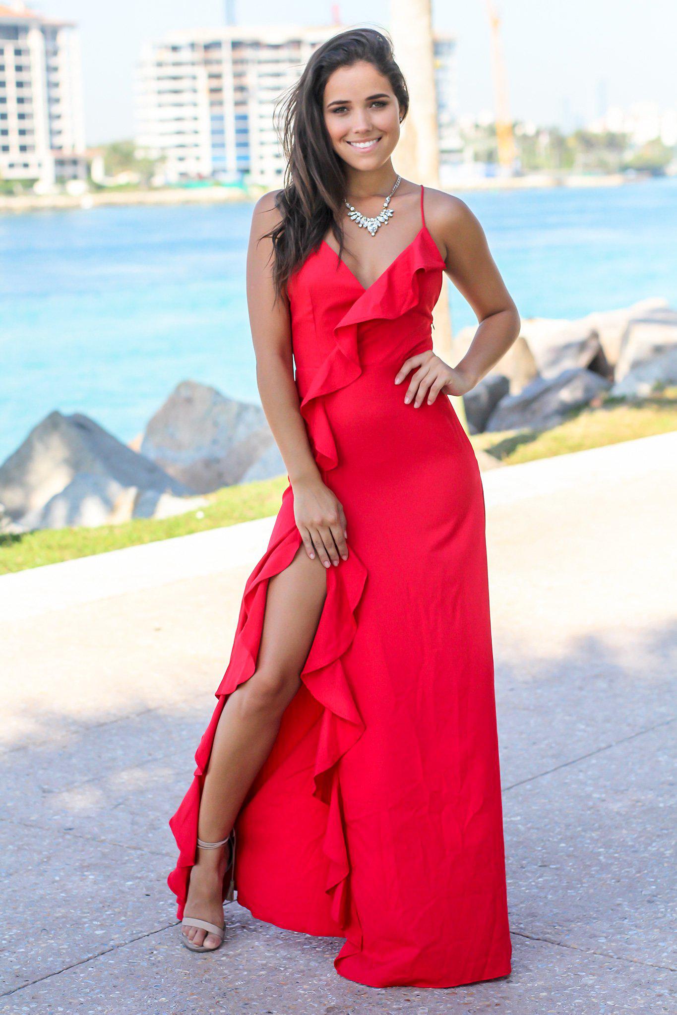 Red Ruffled Maxi Dress with Lace Up Back