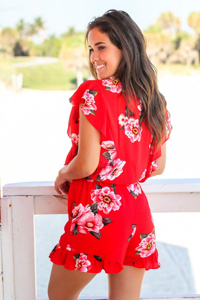 Red Ruffled Sleeve Floral Romper