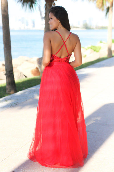 Red Sequin Maxi Dress with Tulle Skirt