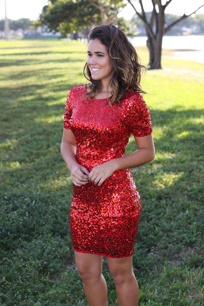red sequined short dress